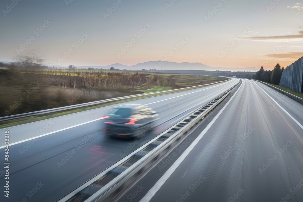 Blurred car speeding on an empty highway at dusk, with blurred background and horizon, emphasizing motion and travel.