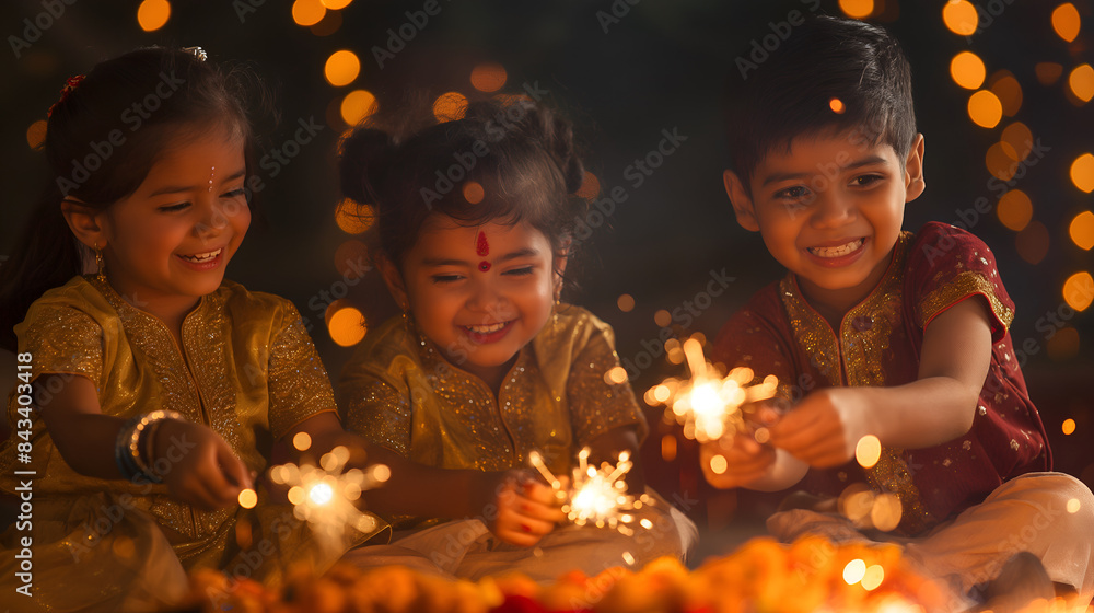 Indian children celebrate Diwali with joy, holding sparklers and dressed in traditional attire Indian children celebrate Diwali with joy, holding sparklers and dressed in traditional attire