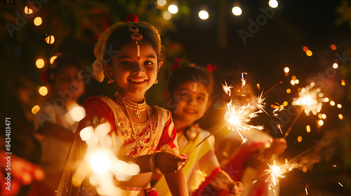 Indian children celebrate Diwali with joy, holding sparklers and dressed in traditional attire photo