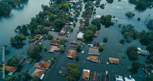 Aerial image of the whole city submerged in floods, concept of climate change and effects of deforestation  photo