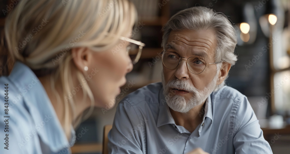 Two older people looking at each other and having a serious conversation Two older people looking at each other and having a serious conversation