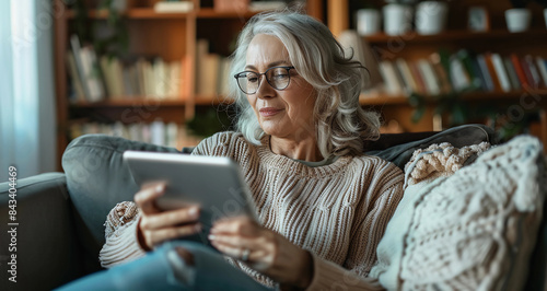 A mature woman sitting on a couch in her house and looking at a digital tab in her hands, concept of older people exploring internet on a digital pad photo