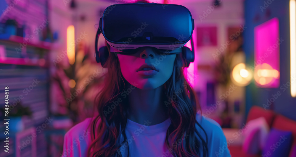 Stock image of a young female wearing a virtual reality head gear and exploring a 3D fantasy world, concept of advanced technology and metaverse Stock image of a young female wearing a virtual reality head gear and exploring a 3D fantasy world, concept of advanced technology and metaverse