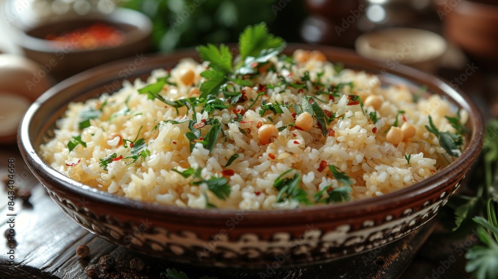 A close-up of a bowl filled with herb and nut rice, garnished with fresh herbs. A close-up of a bowl filled with herb and nut rice, garnished with fresh herbs.