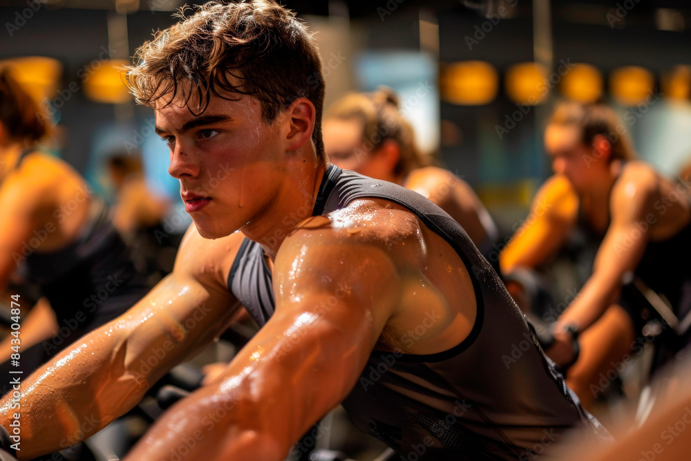 Young man, fully engaed, exercising legs doing cardio workout cycling bikes Young man, fully engaed, exercising legs doing cardio workout cycling bikes