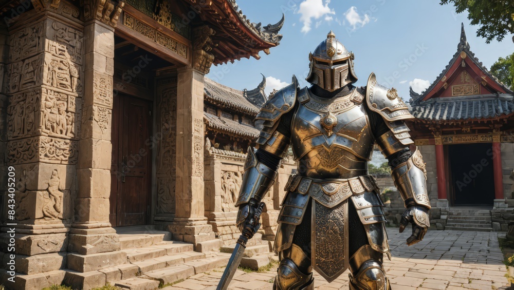 Fototapeta premium Medieval Knight in Front of Asian Temple