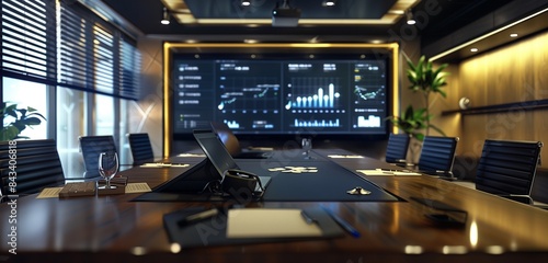 A contemporary boardroom with a large screen displaying a dynamic business presentation.