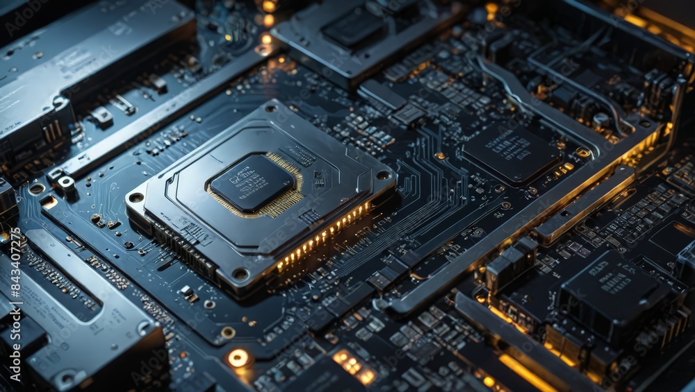 Close up of a computer motherboard with a CPU Close up of a computer motherboard with a CPU