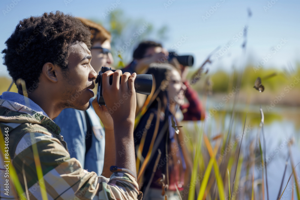 Obraz premium Diverse Group of Students Observing Birds with Binoculars