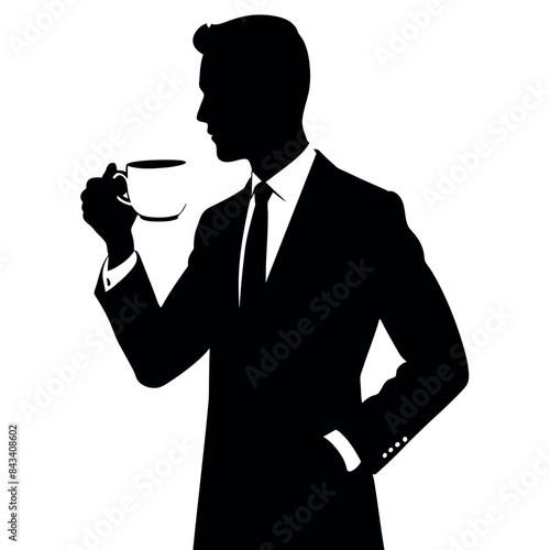 A business man Drink tea or coffee standing pose vector silhouette isolated white background
