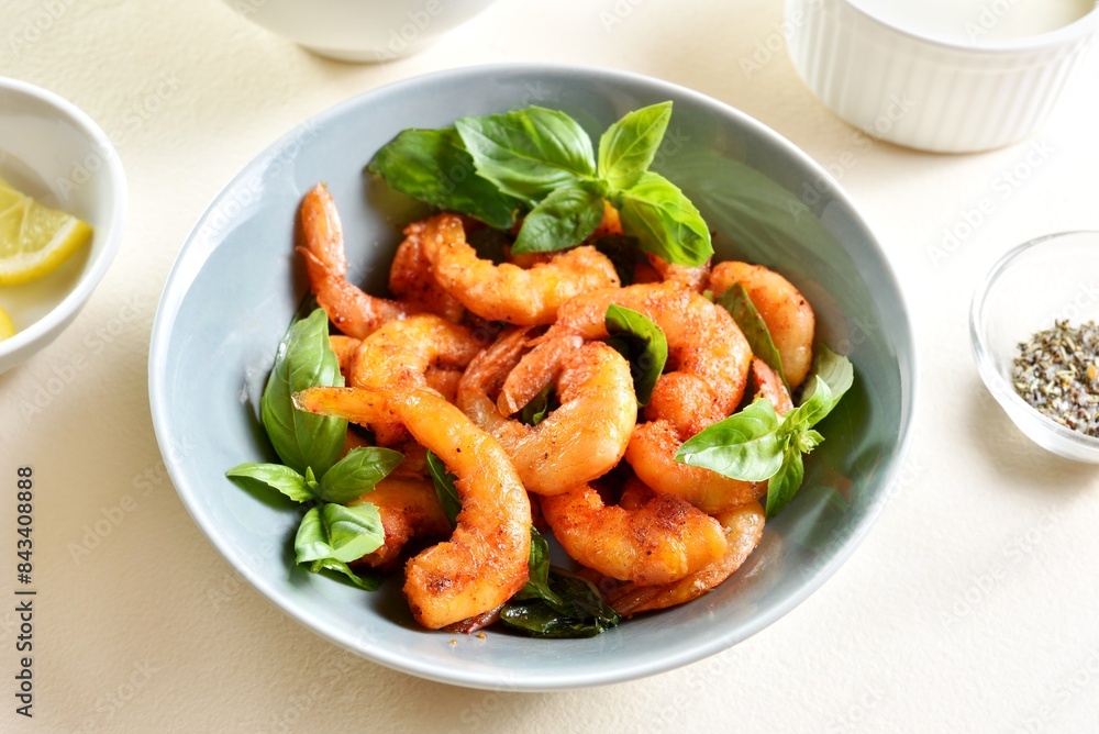 Roasted prawn with basil leaves in bowl on light stone background Roasted prawn with basil leaves in bowl on light stone background