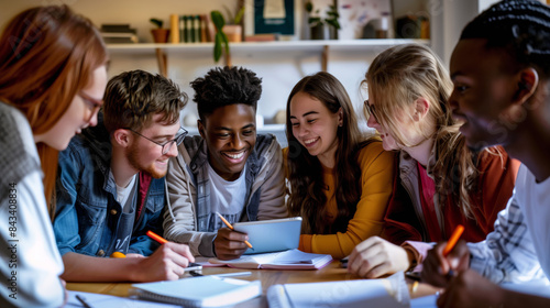 Mixed-Race Students Collaborating on a Group Project in Classroom