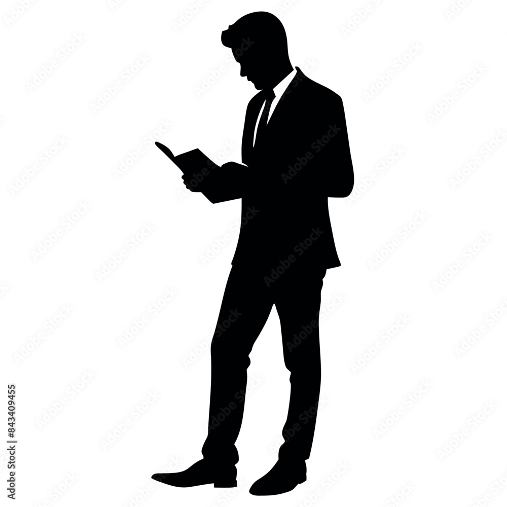 A business man walking and reading book vector silhouette isolated white background A business man walking and reading book vector silhouette isolated white background
