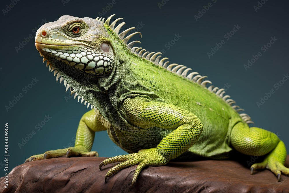 Close-up of a vibrant green iguana perched on a rock, showcasing its striking scales and textures against a dark blue background.