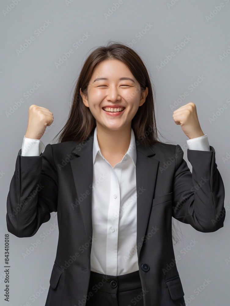 korean smart happy entrepreneur business woman smile in casual suit gesture aised hands celebrating success and looking at camera on isolated grey background. generative AI