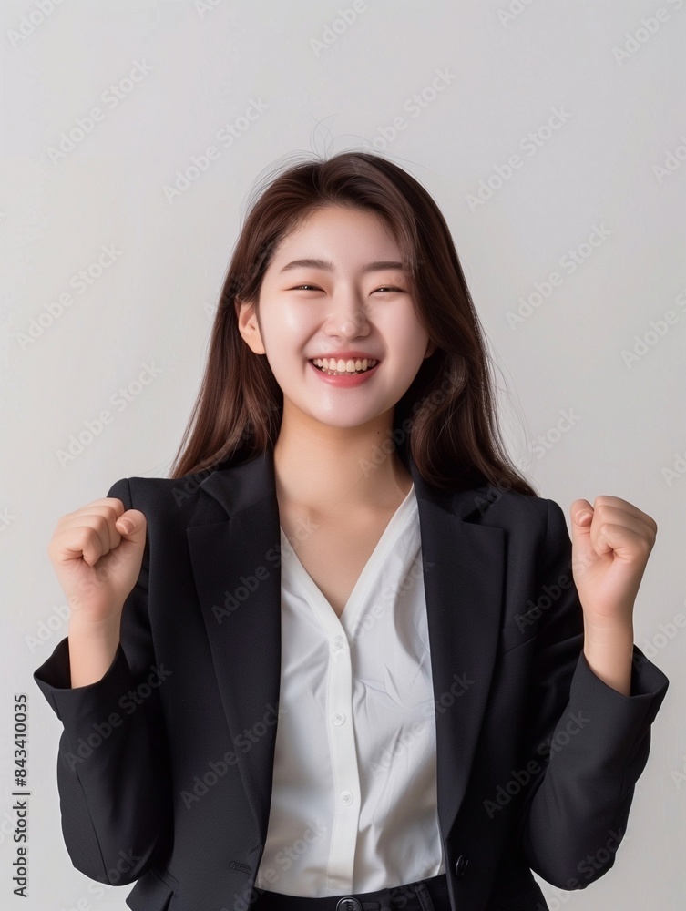 korean smart happy entrepreneur business woman smile in casual suit gesture aised hands celebrating success and looking at camera on isolated grey background. generative AI korean smart happy entrepreneur business woman smile in casual suit gesture aised hands celebrating success and looking at camera on isolated grey background. generative AI
