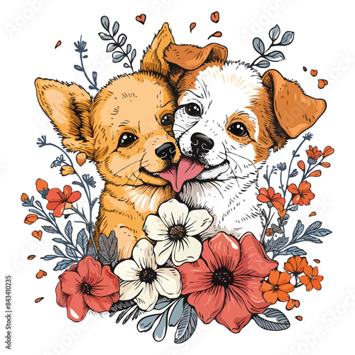 Two Cute Dogs in Love cartoon style illustration, vector dog T-shirt design graphic