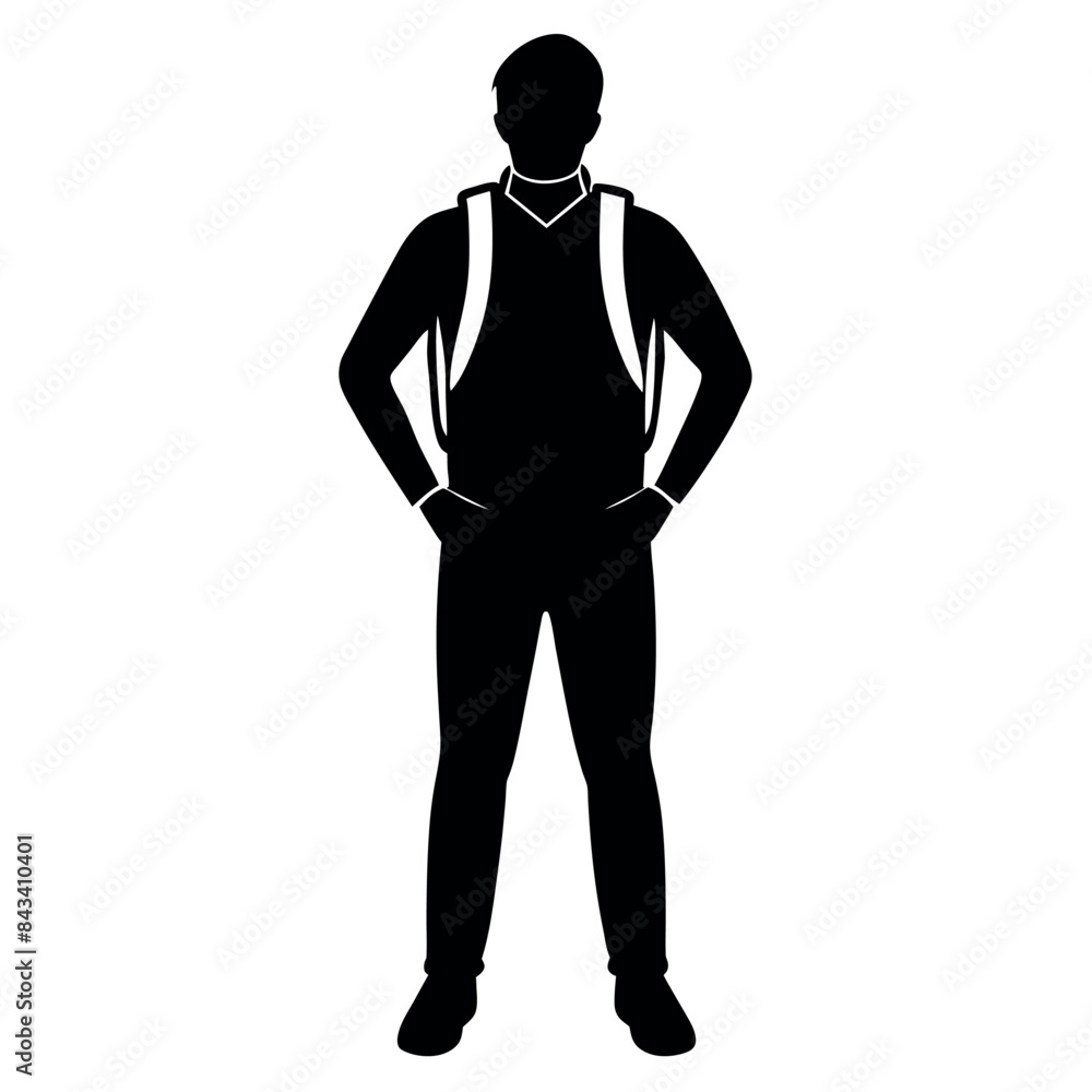 A man with a backpack keeps his hands on the waist vector silhouette A man with a backpack keeps his hands on the waist vector silhouette