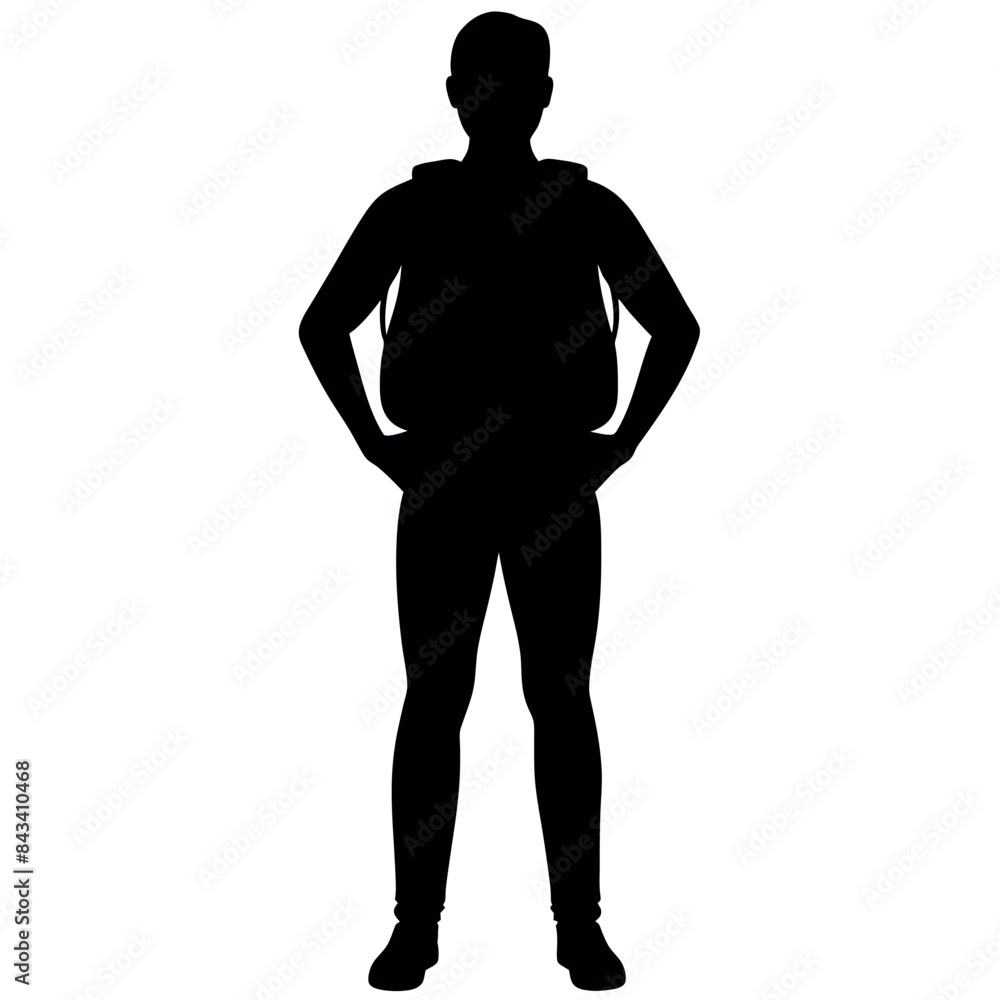 A man with a backpack keeps his hands on the waist vector silhouette A man with a backpack keeps his hands on the waist vector silhouette