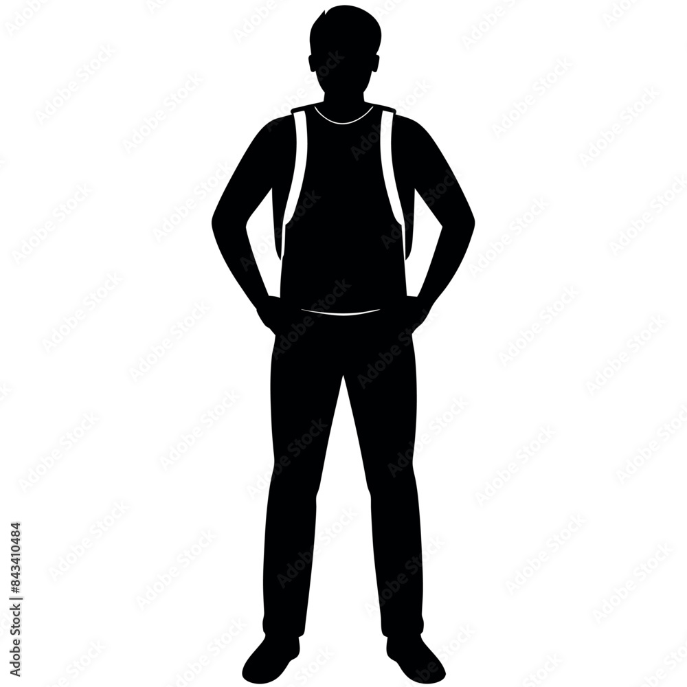 Naklejka premium A man with a backpack keeps his hands on the waist vector silhouette