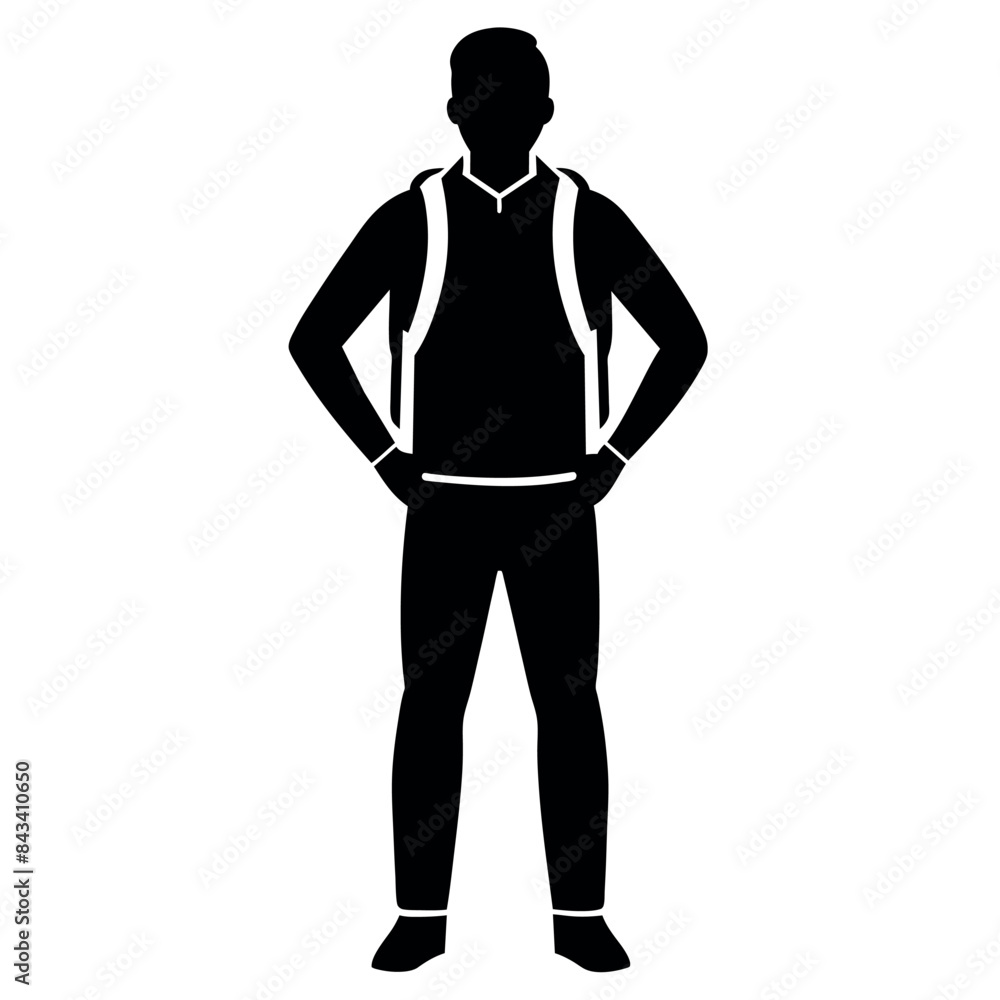 A man with a backpack keeps his hands on the waist vector silhouette A man with a backpack keeps his hands on the waist vector silhouette
