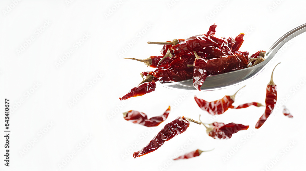 Obraz premium Dried chili peppers and red paprika on white background, Red hot chili peppers flying on white background with copy space for text, Red pepper flakes, chili powder, and chilies explode in spoon