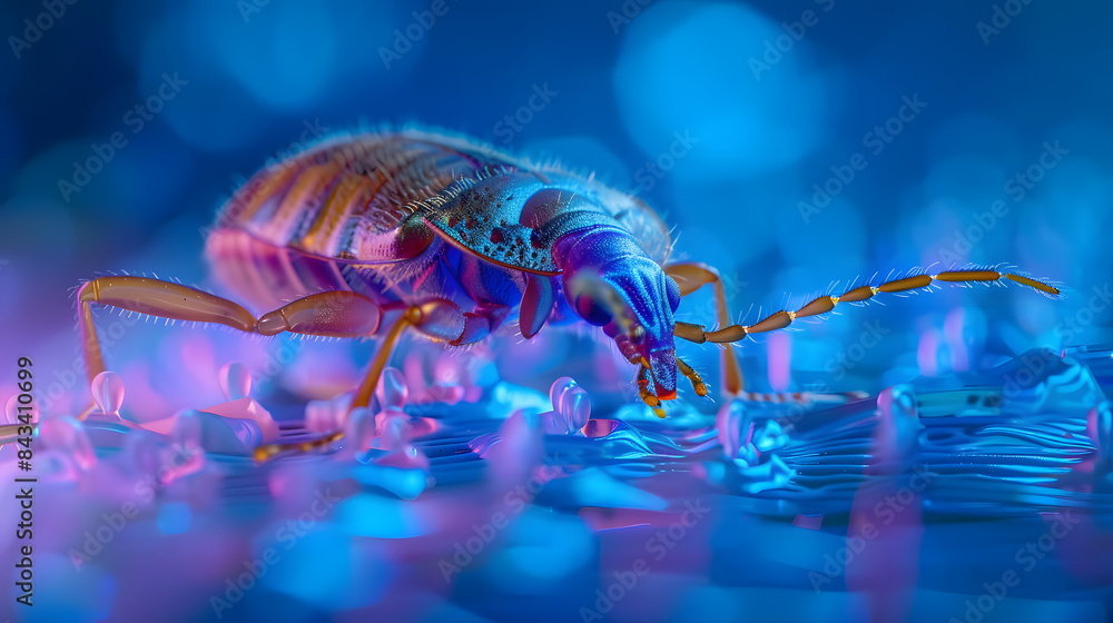 Close up of a genetically modified bed bug, designed to cleanse mattresses of harmful bacteria, crawling under UV light in a hygiene pod, sharpen with copy space Close up of a genetically modified bed bug, designed to cleanse mattresses of harmful bacteria, crawling under UV light in a hygiene pod, sharpen with copy space