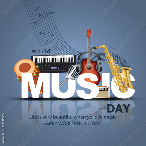 happy world music day and musical instruments with blue background. vector illustration design