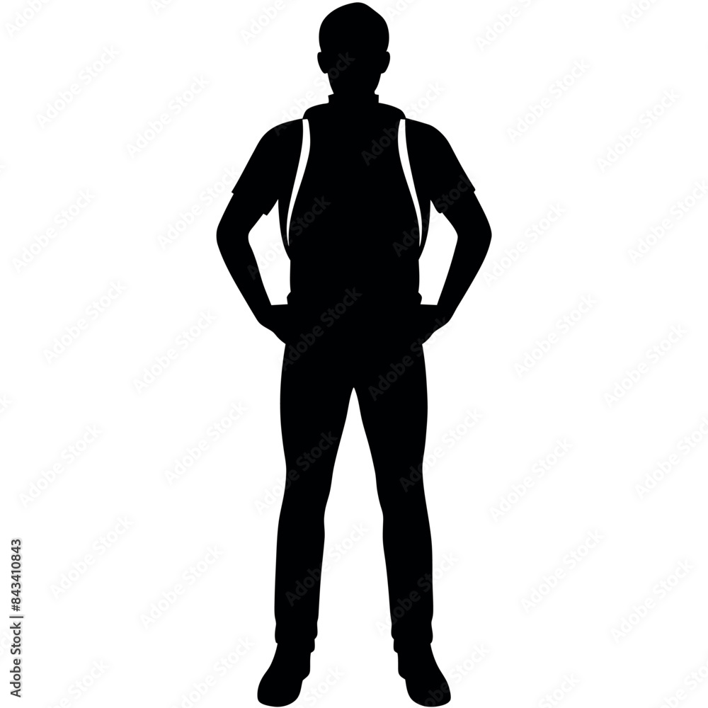 A man with a backpack keeps his hands on the waist vector silhouette A man with a backpack keeps his hands on the waist vector silhouette