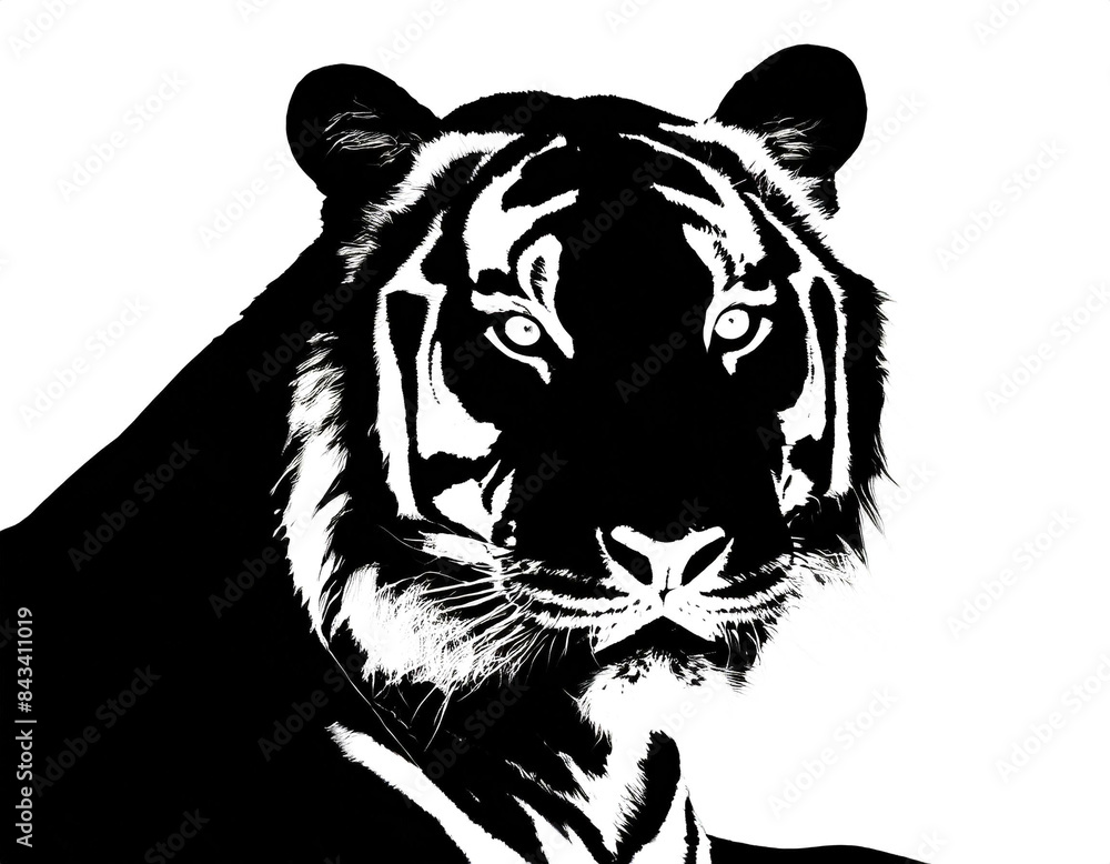 schwarze Silhouette Kontrast Tiger portrait isoliert auf weißen Hintergrund, Freisteller schwarze Silhouette Kontrast Tiger portrait isoliert auf weißen Hintergrund, Freisteller