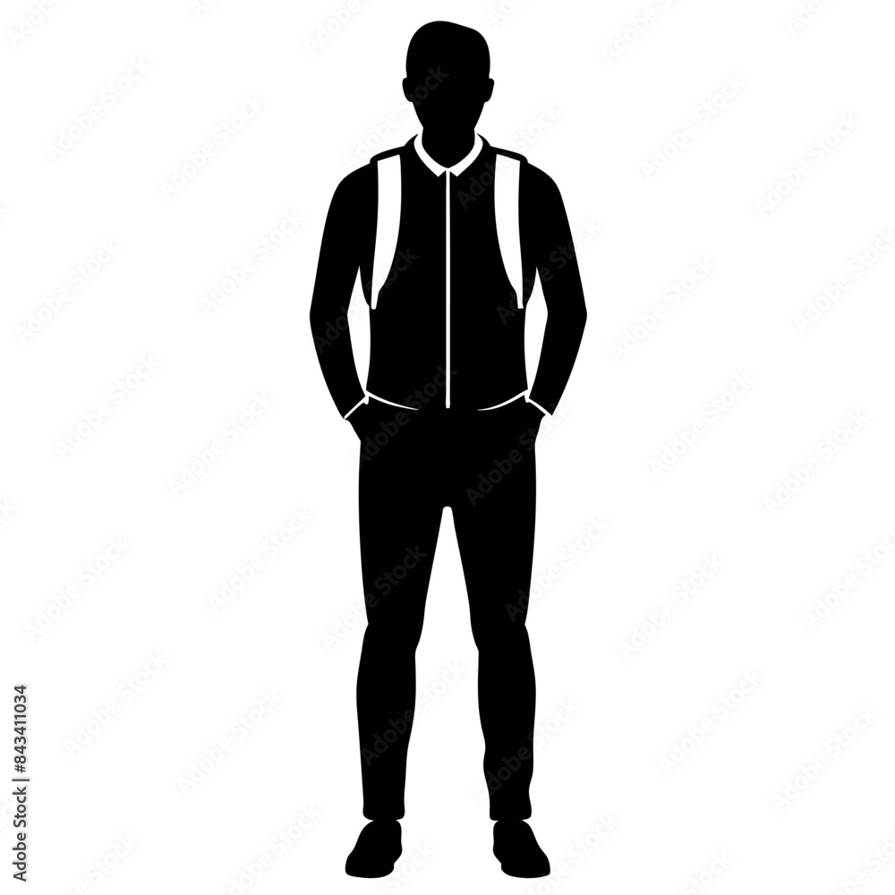 A man with a backpack keeps his hands on the waist vector silhouette A man with a backpack keeps his hands on the waist vector silhouette