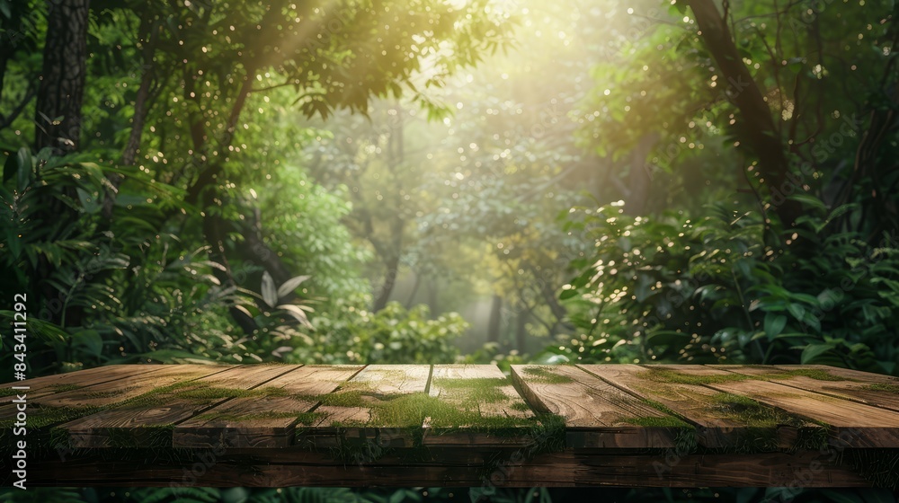 Empty wooden tabletop with a lush, green forest backdrop, ideal for product displays, photorealistic, minimalist aesthetic, natural light Empty wooden tabletop with a lush, green forest backdrop, ideal for product displays, photorealistic, minimalist aesthetic, natural light