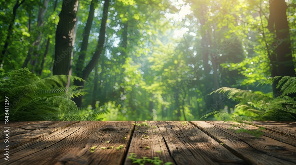 Empty wooden tabletop with a lush, green forest backdrop, ideal for product displays, photorealistic, minimalist aesthetic, natural light Empty wooden tabletop with a lush, green forest backdrop, ideal for product displays, photorealistic, minimalist aesthetic, natural light