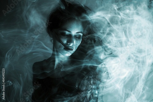 Impressionist portrait of a Gothic woman, her form awash in ghostly white hues and dramatic obsidian shadows.