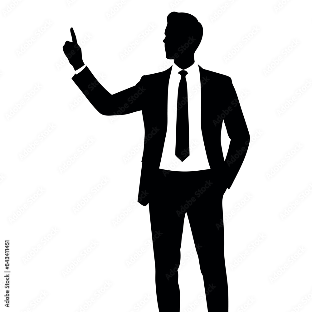 a realistic, smart and stylish businessman with a raised hand displaying something in silhouette a realistic, smart and stylish businessman with a raised hand displaying something in silhouette