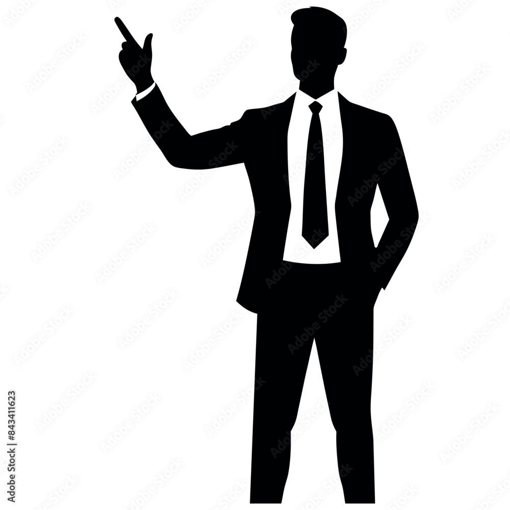 a realistic, smart and stylish businessman with a raised hand displaying something in silhouette a realistic, smart and stylish businessman with a raised hand displaying something in silhouette