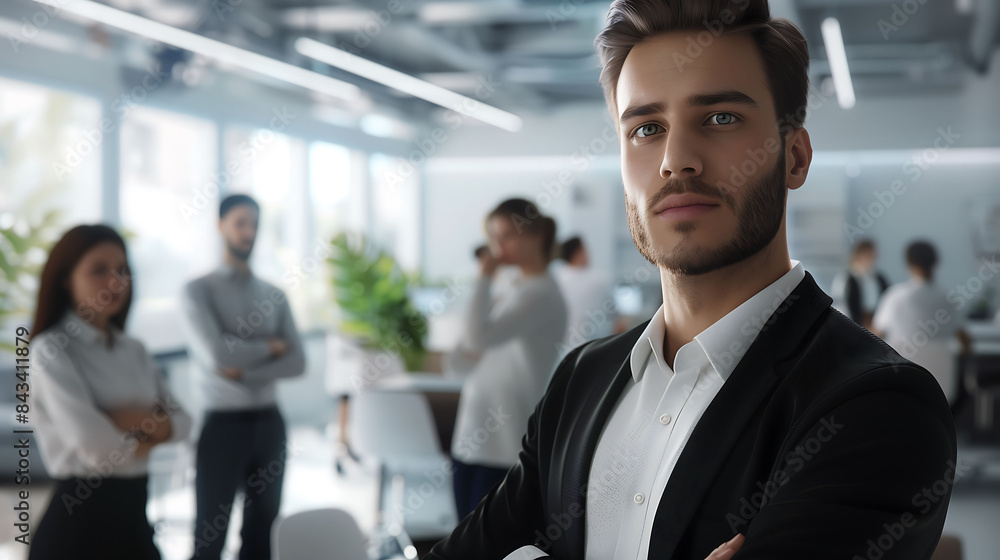A confident manager giving instructions to a team of employees in a modern office setting A confident manager giving instructions to a team of employees in a modern office setting