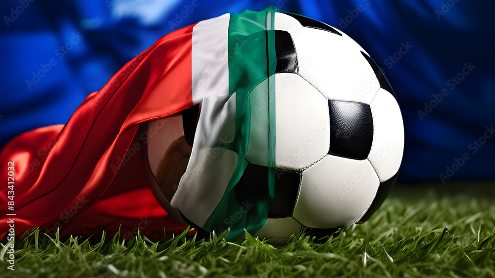 Naklejka premium The symbolic power of success and victory. soccer ball on Italy flag background. Generative Ai.