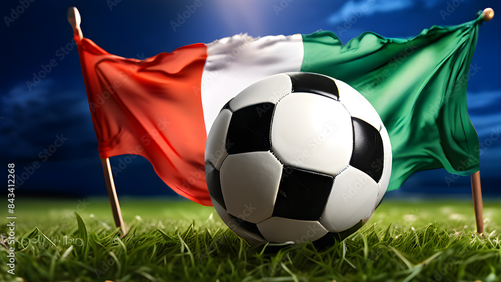 Fototapeta premium The symbolic power of success and victory. soccer ball on Italy flag background. Generative Ai.