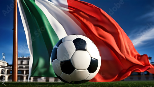 The symbolic power of success and victory. soccer ball on Italy flag background. Generative Ai.
