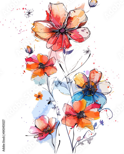 Flowers watercolor illustration. Watercolor colorful floral art. Bouquet flowers perfectly for printing design on invitations  cards  wall art and other. 
