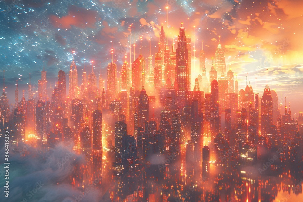 Fototapeta premium Witness the awe-inspiring transformation of a holographic magnetar into a dazzling cityscape, captured in a medium shot.