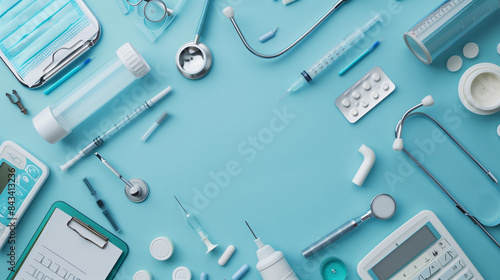 
Table top view aerial image of accessories healthcare medical background conceptEssential instruments or equipment tools on blue paperFlat lay essential items for doctor using treat p 