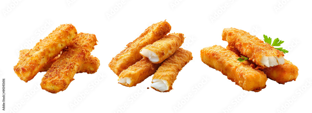 Set breaded fish sticks isolated on white Set breaded fish sticks isolated on white