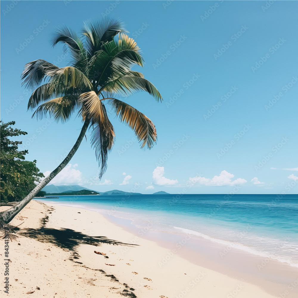Obraz premium Paradise Shores: White Sands, Coconut Trees, and Endless Blue Skies