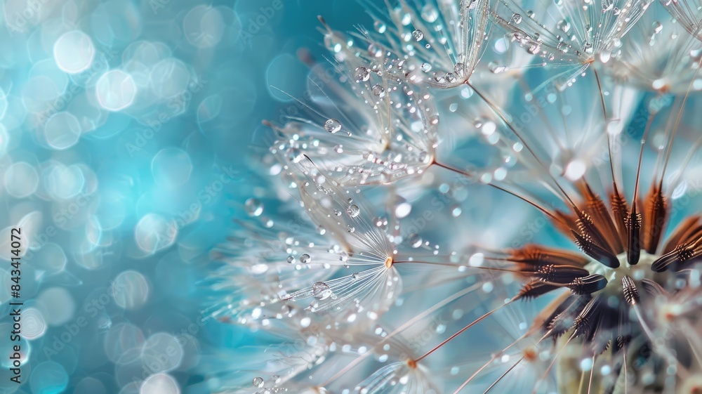 Obraz premium Dandelion Seeds in droplets of water on blue and turquoise beautiful background with soft focus in nature macro. Drops of dew sparkle on dandelion in rays of light.