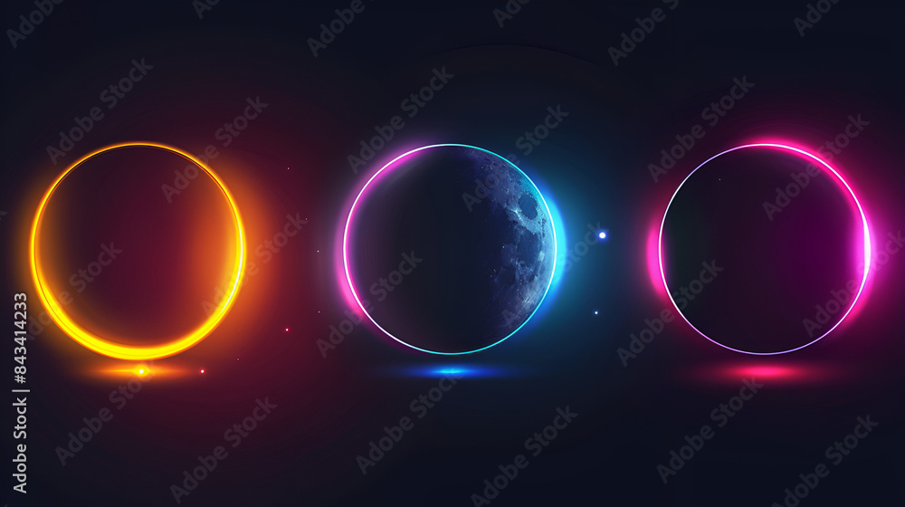 Solar full eclipse abstract neon light circle and crescent on dark transparent background. Realistic vector illustration set of colorful bright glowing ring. Sun corona flare. Moon covering sun effect Solar full eclipse abstract neon light circle and crescent on dark transparent background. Realistic vector illustration set of colorful bright glowing ring. Sun corona flare. Moon covering sun effect