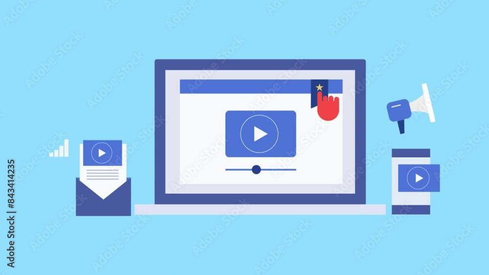 Audience engagement with video content marketing social media, email video on electronic device screen, conceptual animation. Audience engagement with video content marketing social media, email video on electronic device screen, conceptual animation.