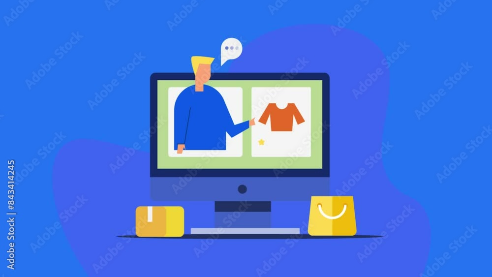 Virtual product demonstration, influencer marketing people showcasing fashion cloths on social media ecommerce promotion video animation.