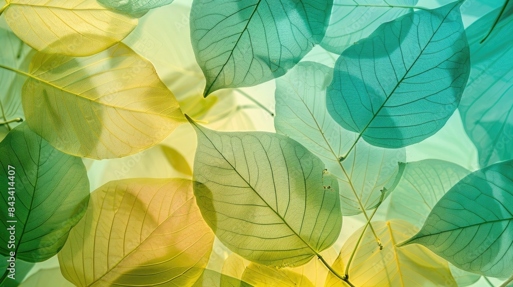 Many transparent silhouettes of skeleton leaves on a green, turquoise and yellow background. Floral pattern of beautiful leaves in nature macro. Many transparent silhouettes of skeleton leaves on a green, turquoise and yellow background. Floral pattern of beautiful leaves in nature macro.